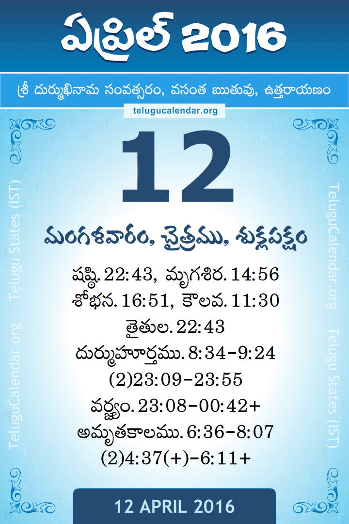 12 April 2016 Telugu Calendar