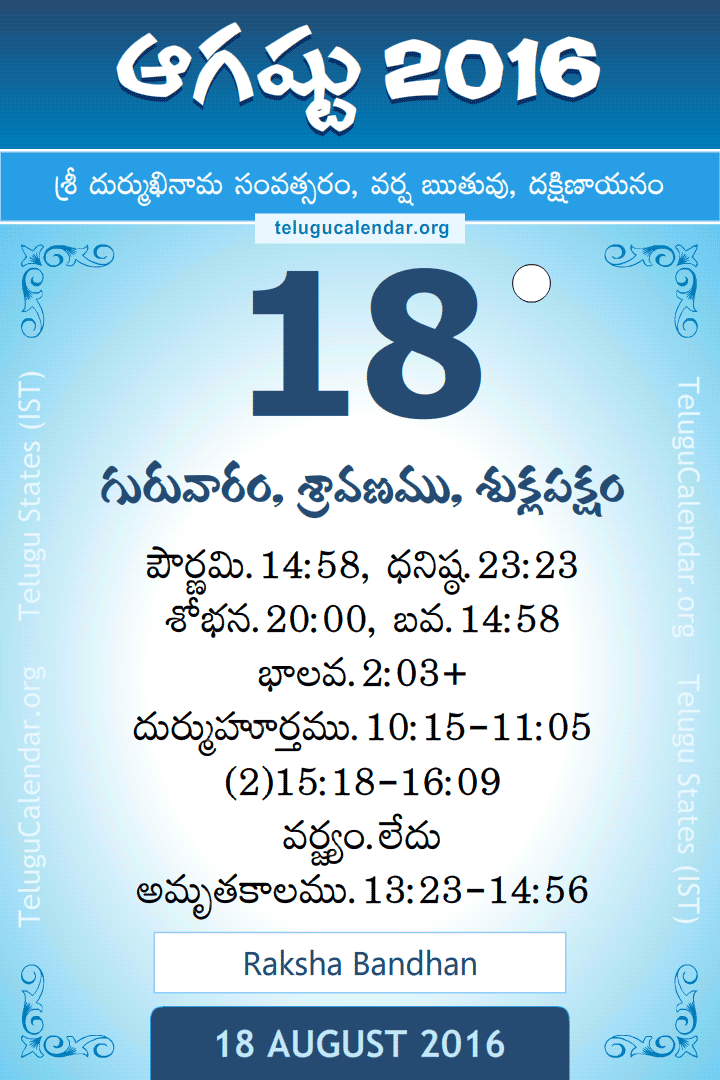 18 August 2016 Telugu Calendar
