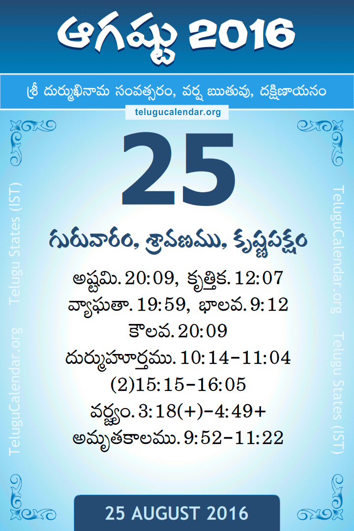 25 August 2016 Telugu Calendar
