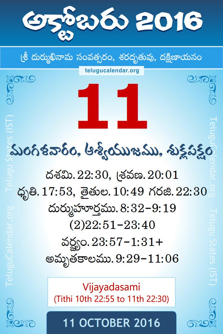 11 October 2016 Telugu Calendar