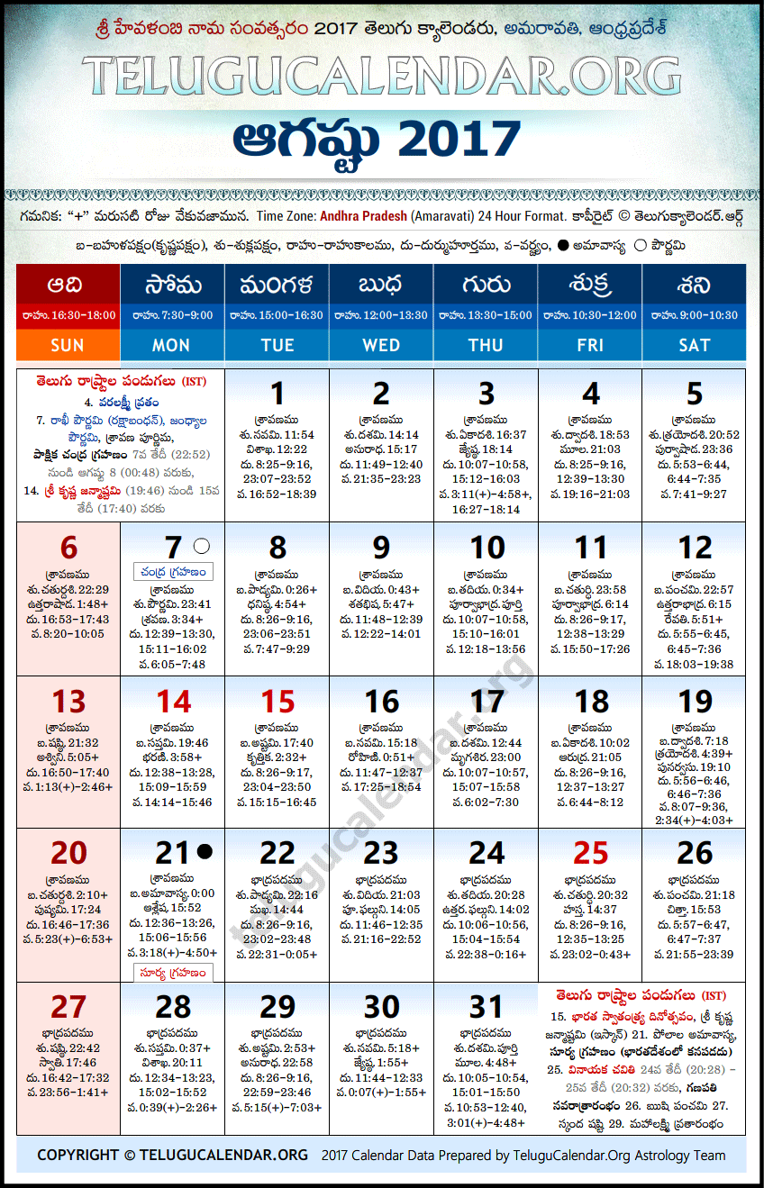 Telugu Calendar 2017 August, Andhra Pradesh