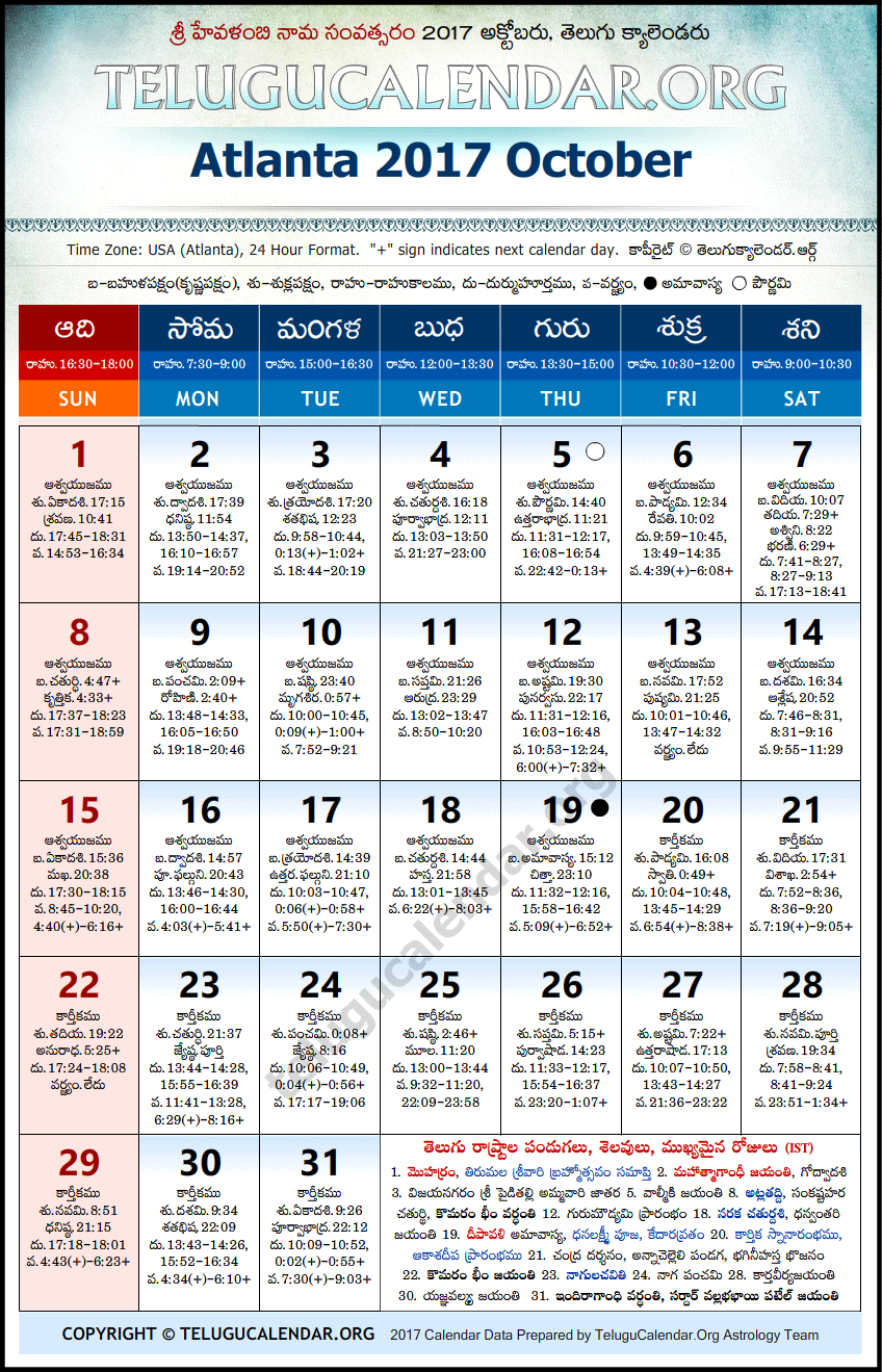 Telugu Calendar 2017 October, Atlanta