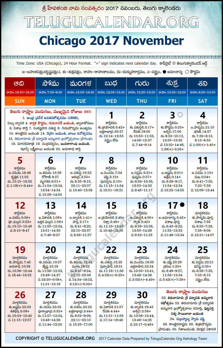 Telugu Calendar 2017 November, Chicago