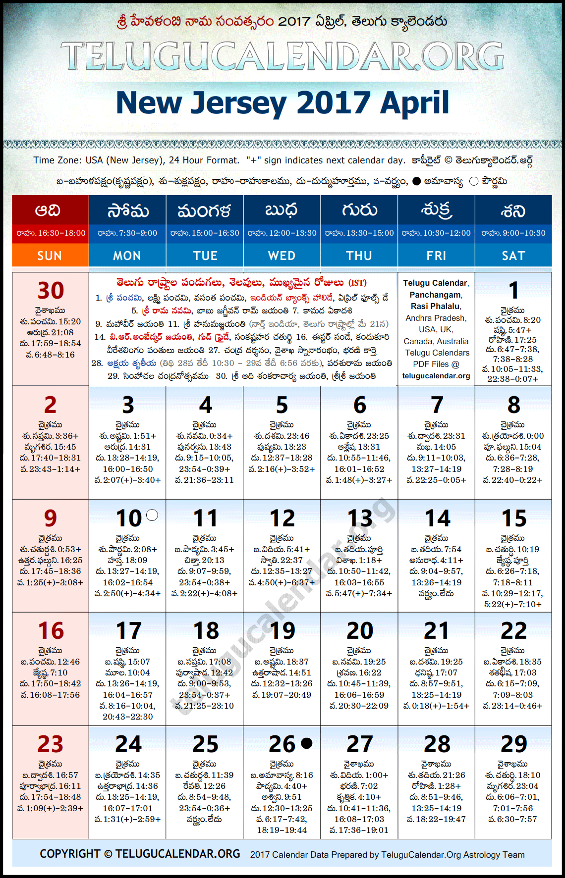 New Jersey Telugu Calendar 2017 April High Resolution Download