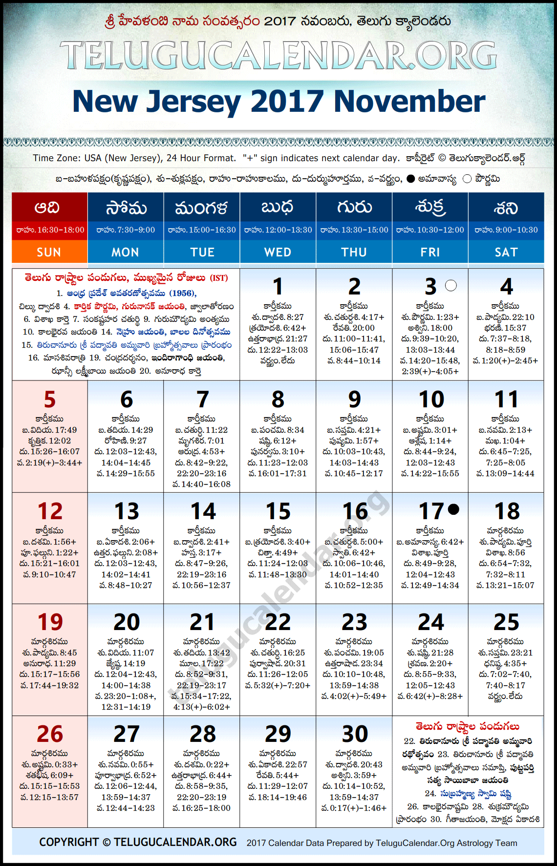 New Jersey Telugu Calendar 2017 November High Resolution Download