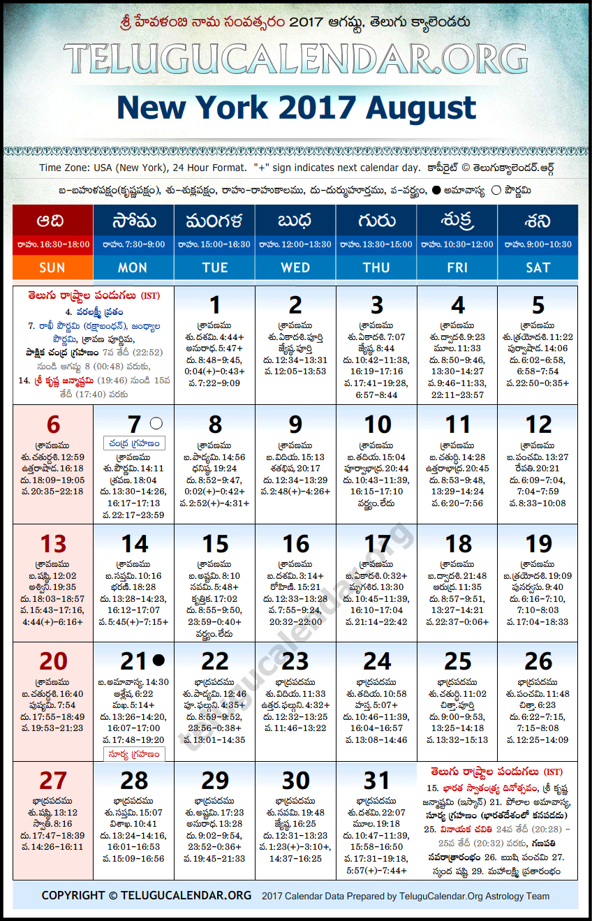 Telugu Calendar 2017 August, New York