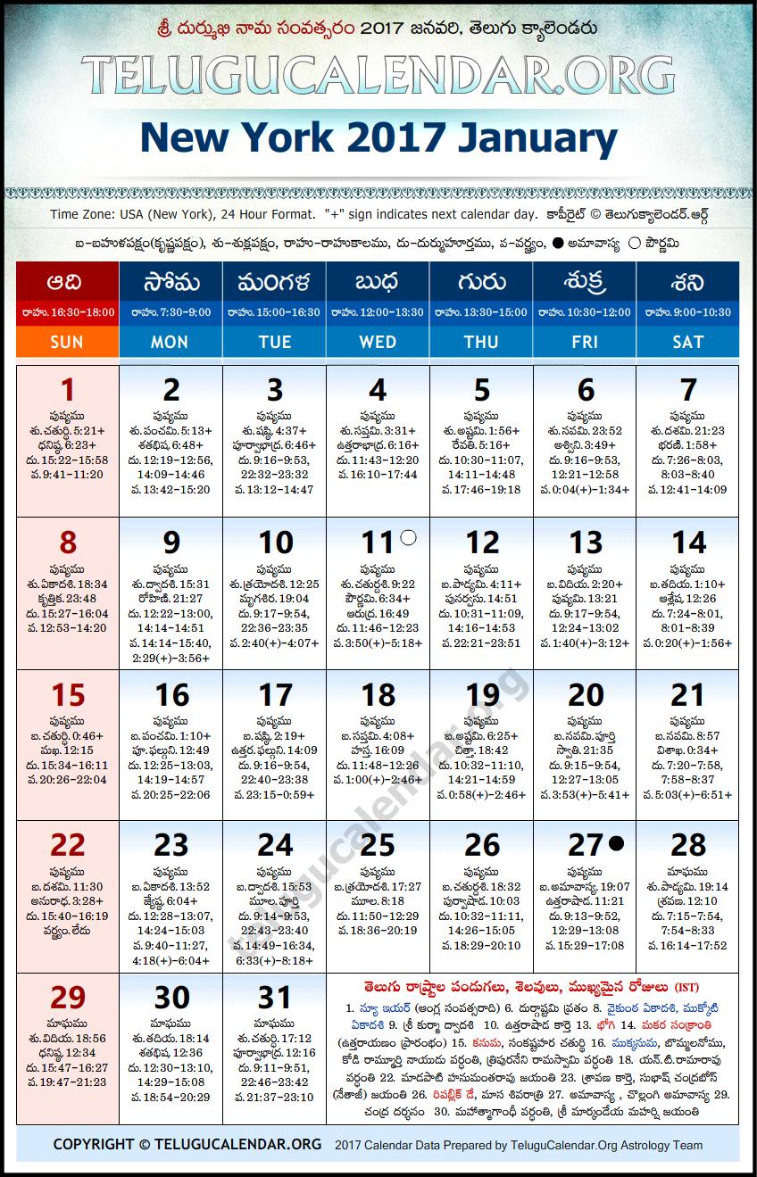 Telugu Calendar 2017 January, New York