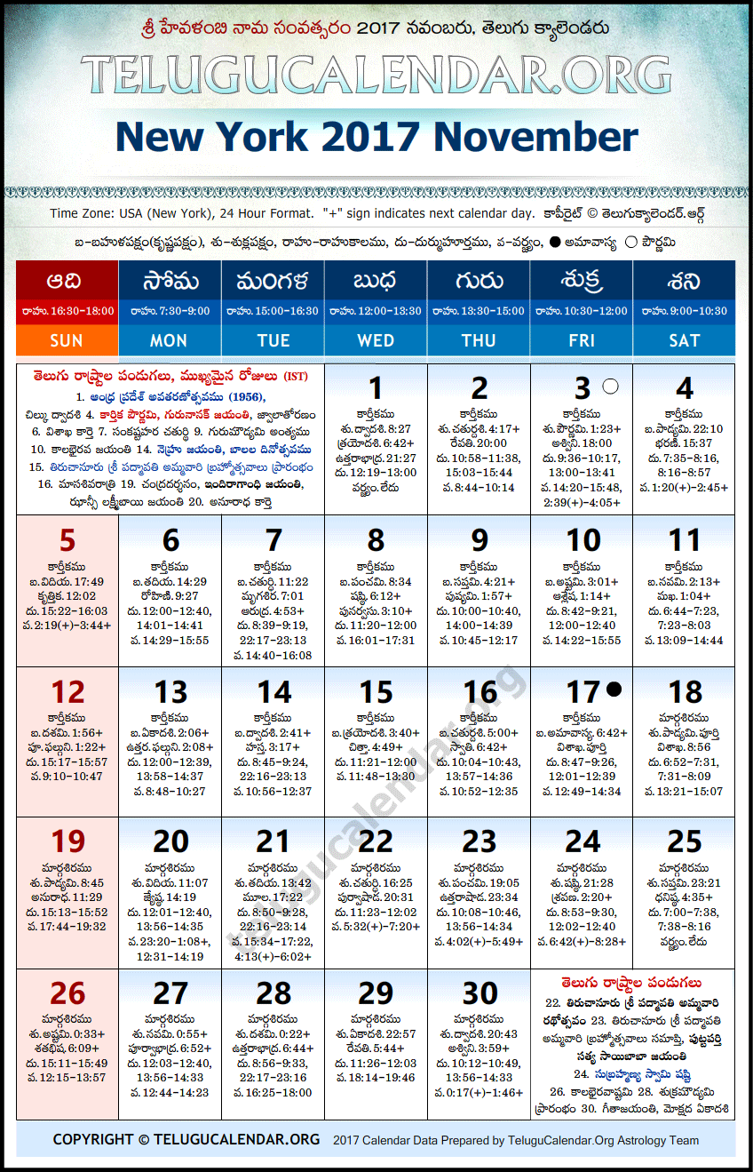 Telugu Calendar 2017 November, New York