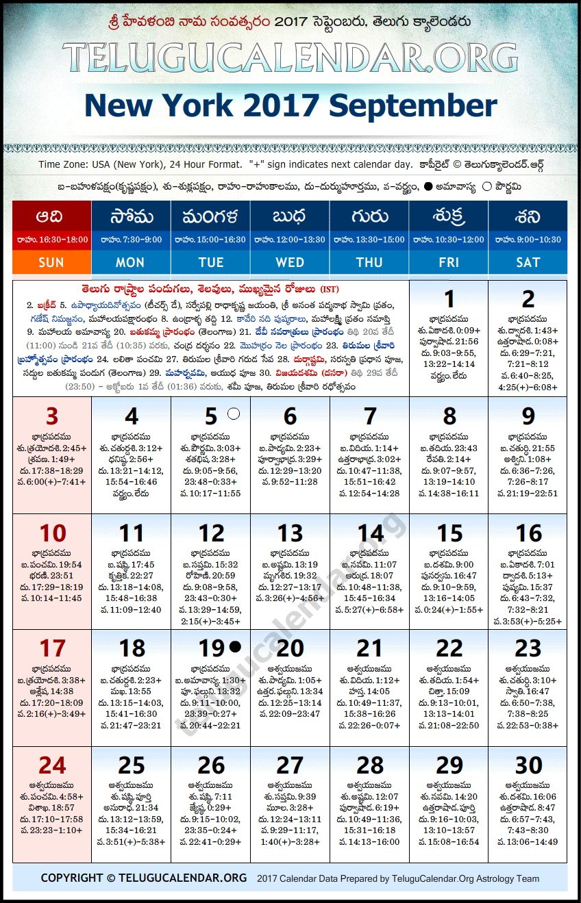 Telugu Calendar 2017 September, New York