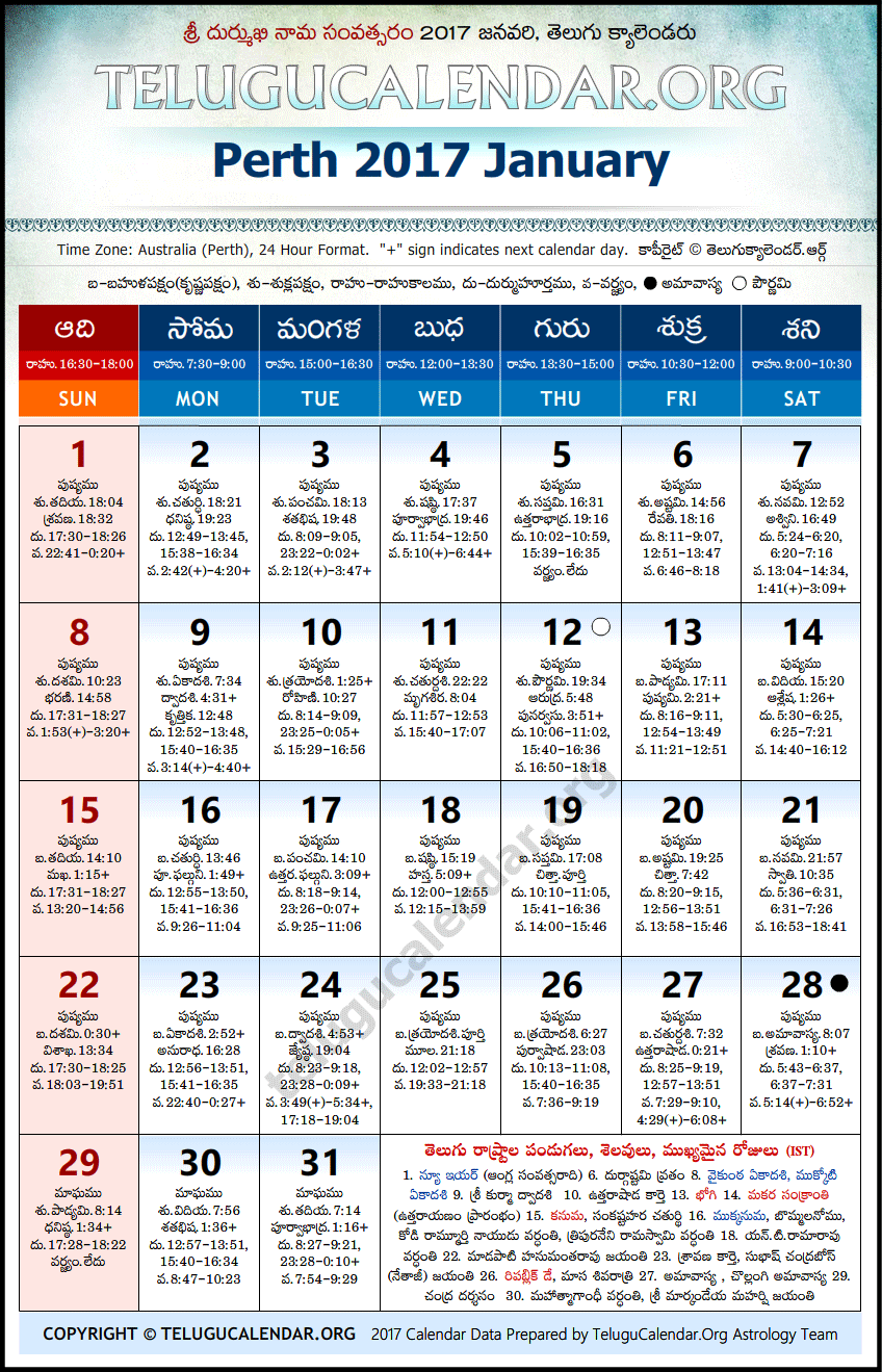 Telugu Calendar 2017 January, Perth