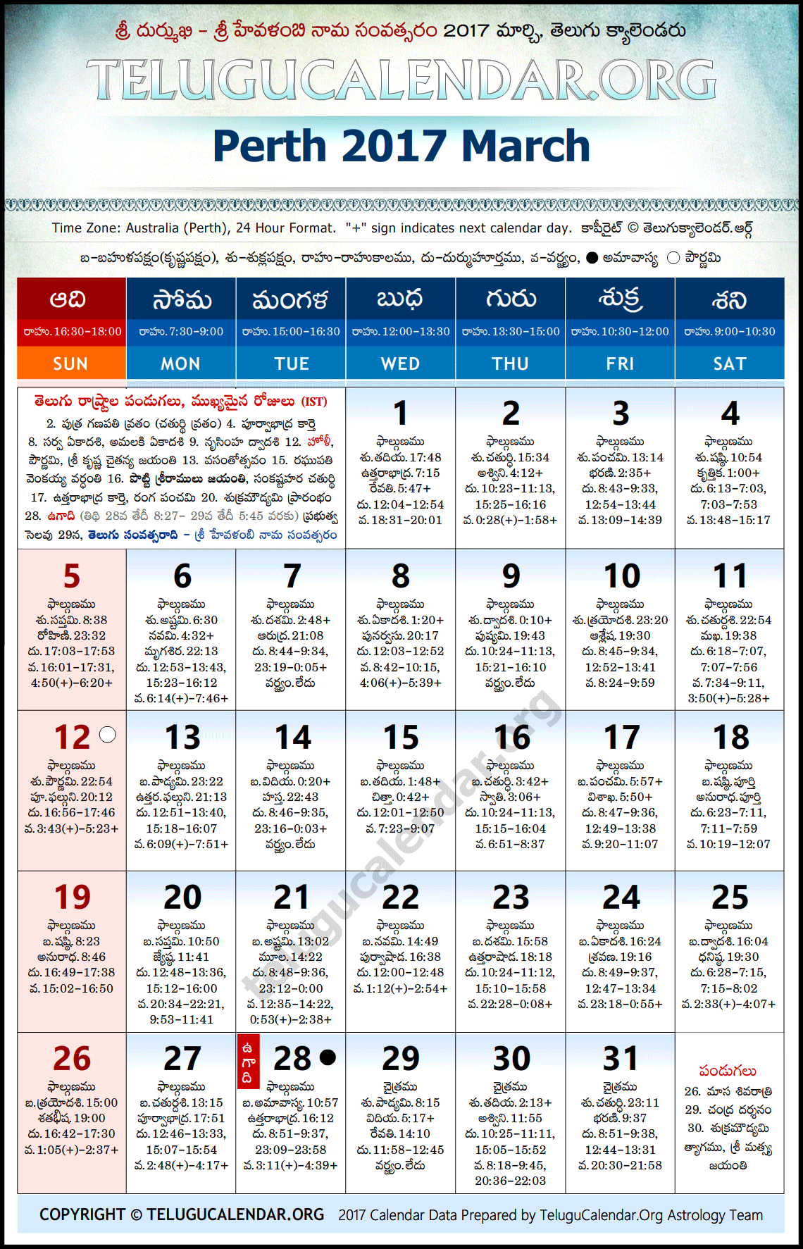 Perth Telugu Calendar 2017 March High Resolution Download