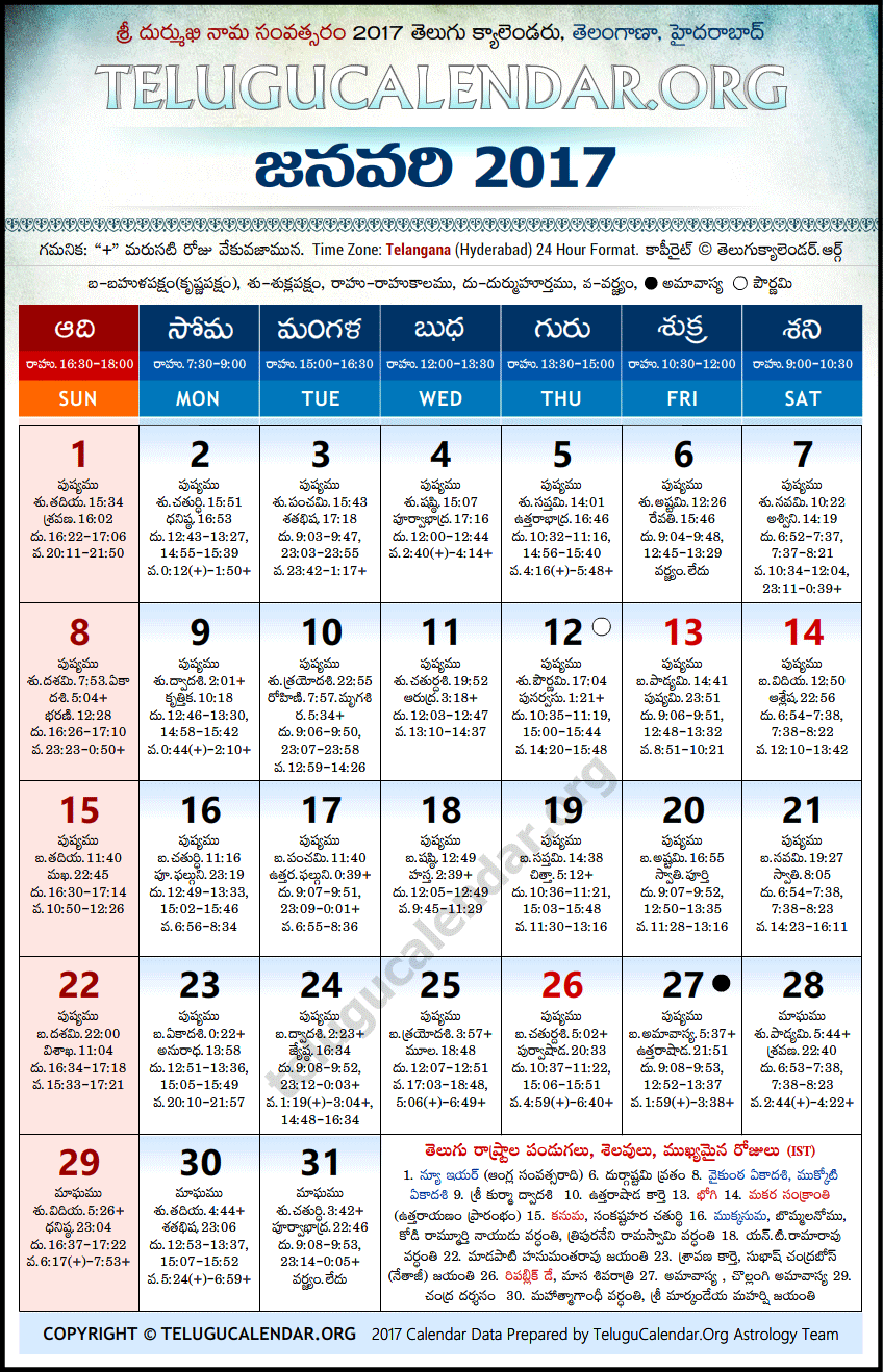 Telangana Telugu Calendars 2017 January