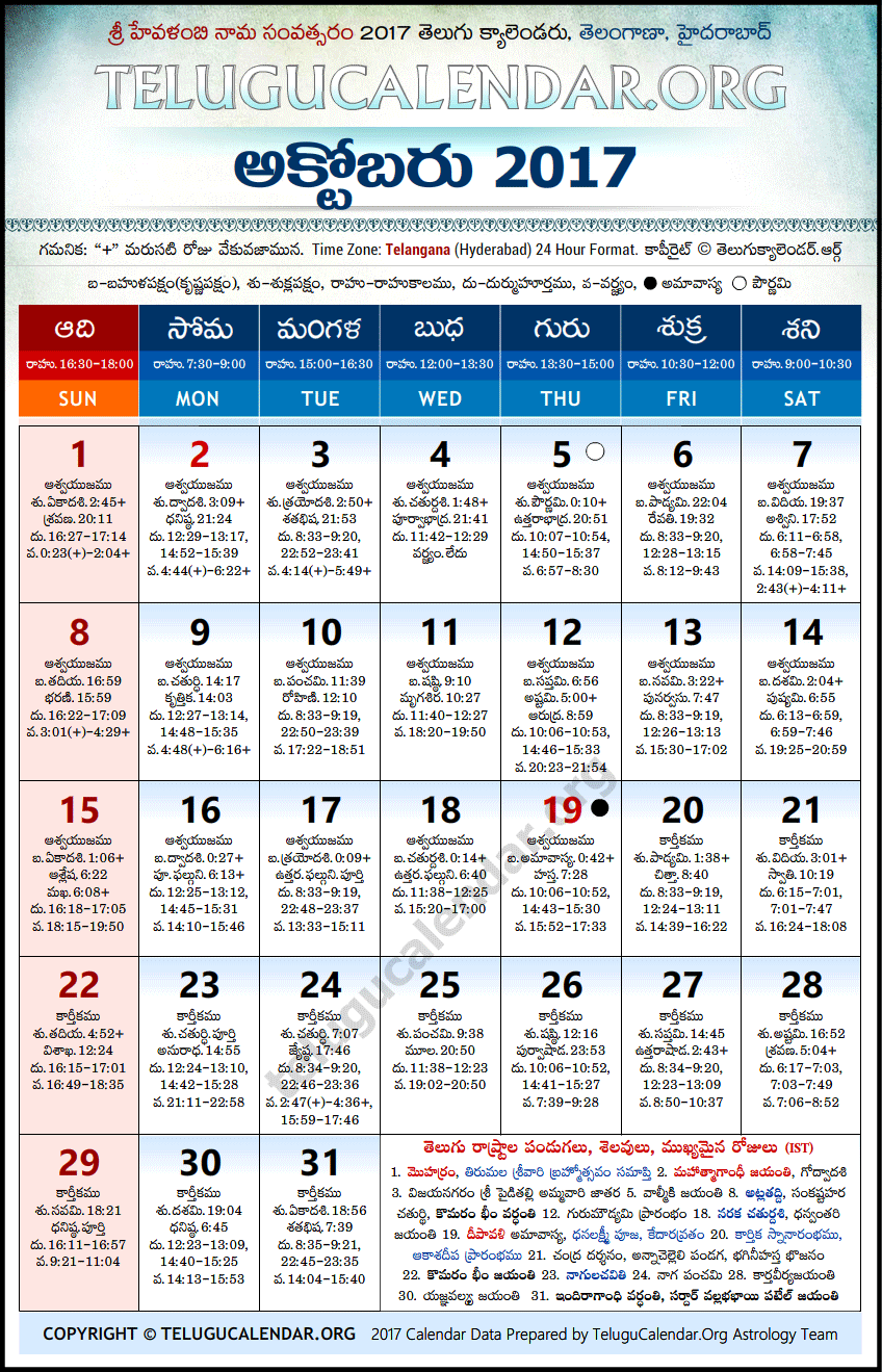 Telugu Calendar 2017 October, Telangana