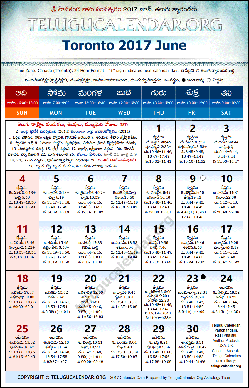 Telugu Calendar 2017 June, Toronto