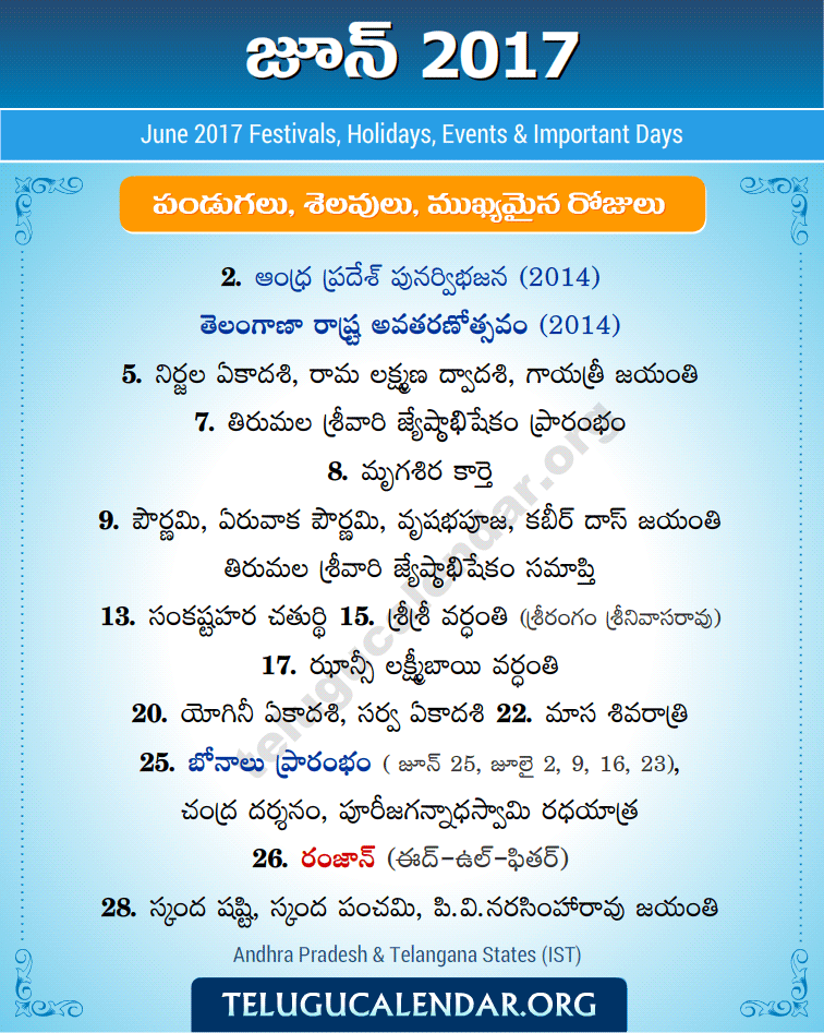 Telugu Festivals 2017 June
