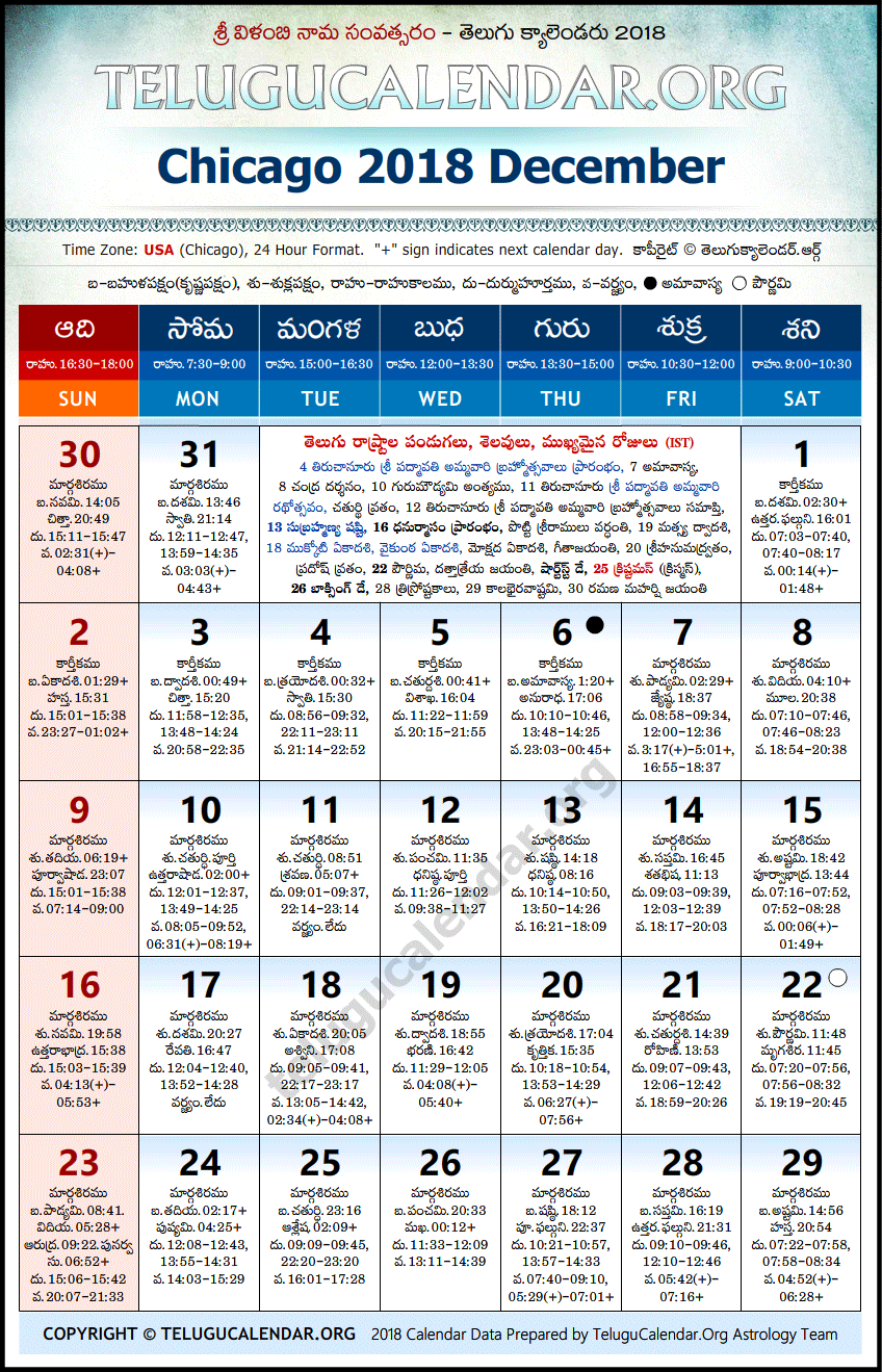 Chicago | Telugu Calendars 2018 December