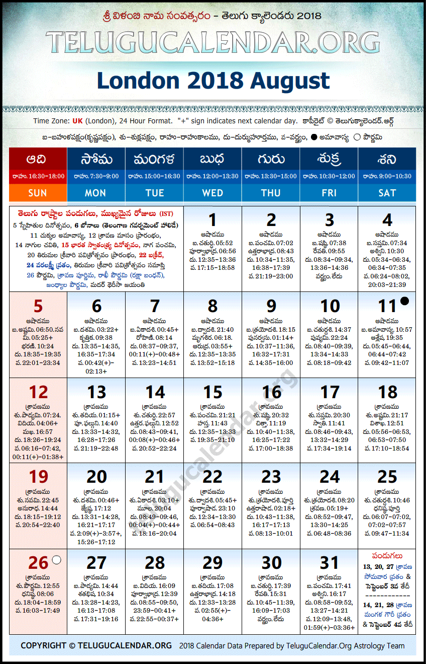 Telugu Calendar 2018 August, London