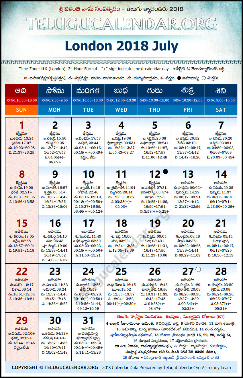 Telugu Calendar 2018 July, London