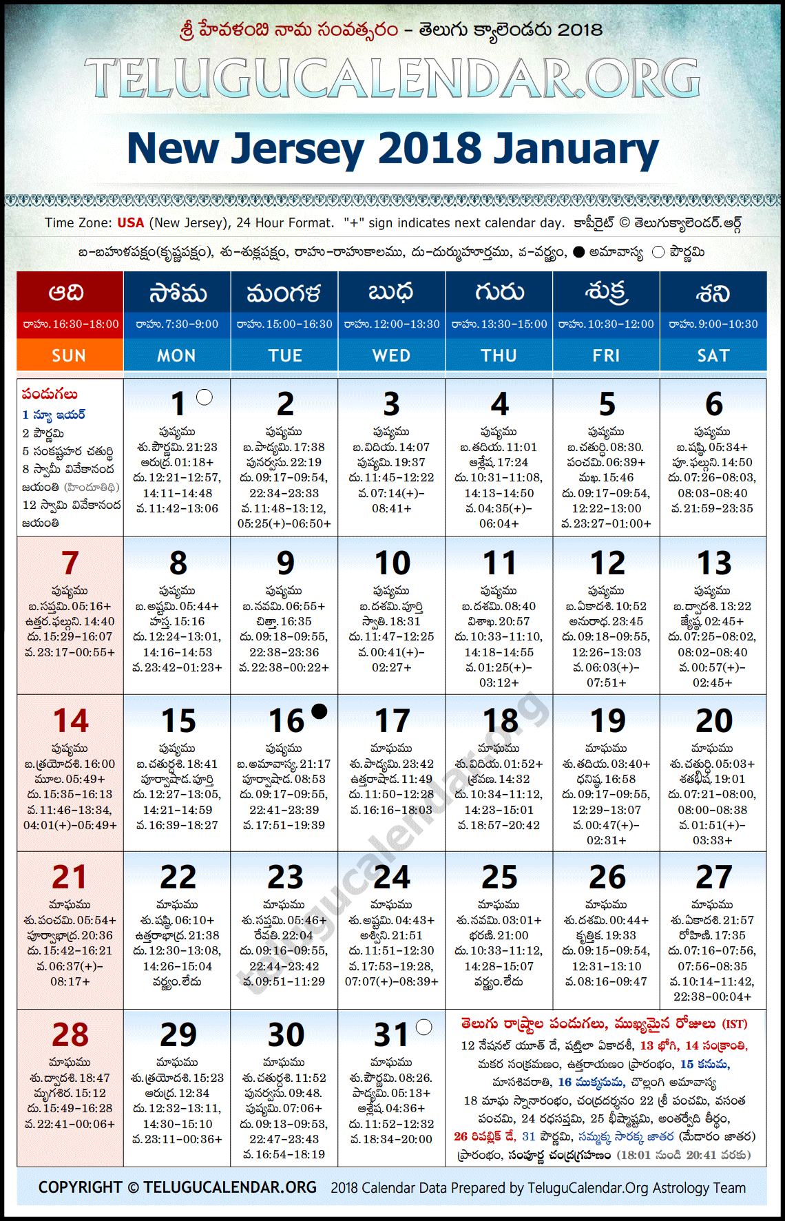 New Jersey Telugu Calendar 2018 January High Resolution Download