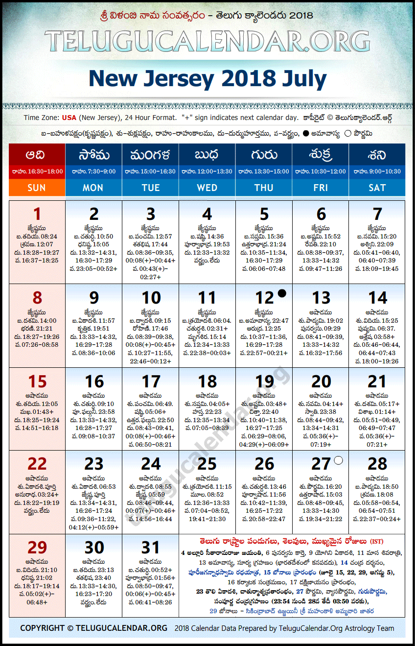 Telugu Calendar 2018 July, New Jersey