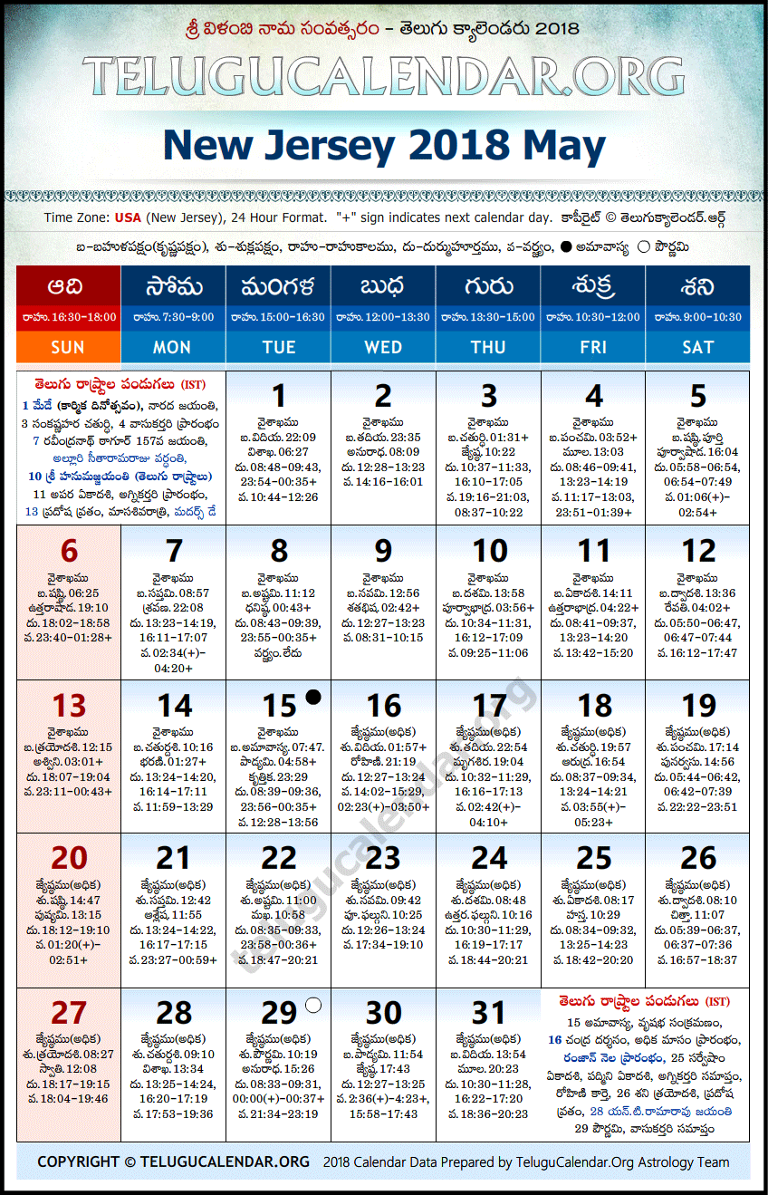 Telugu Calendar 2018 May, New Jersey