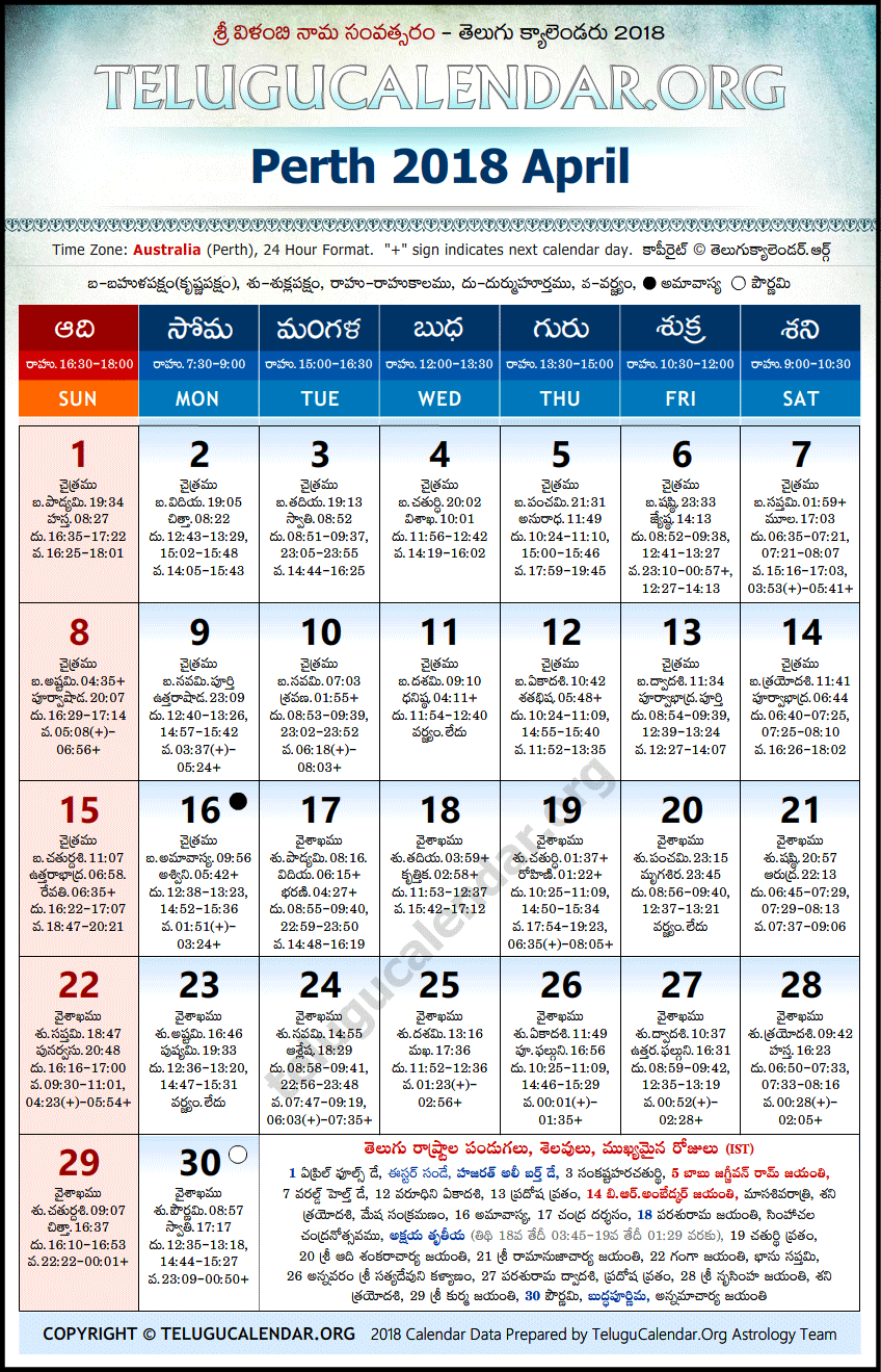 Telugu Calendar 2018 April, Perth