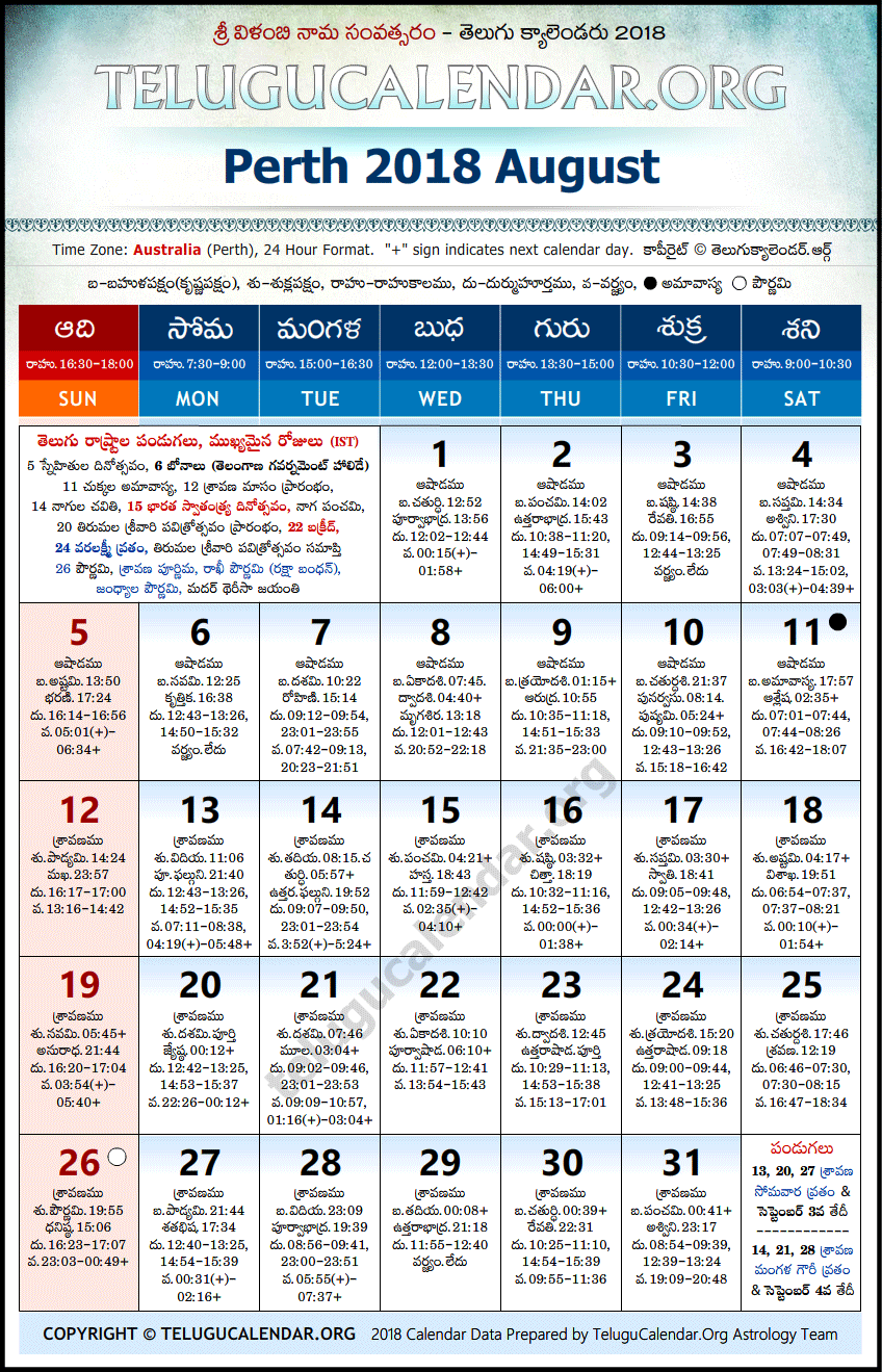 Telugu Calendar 2018 August, Perth