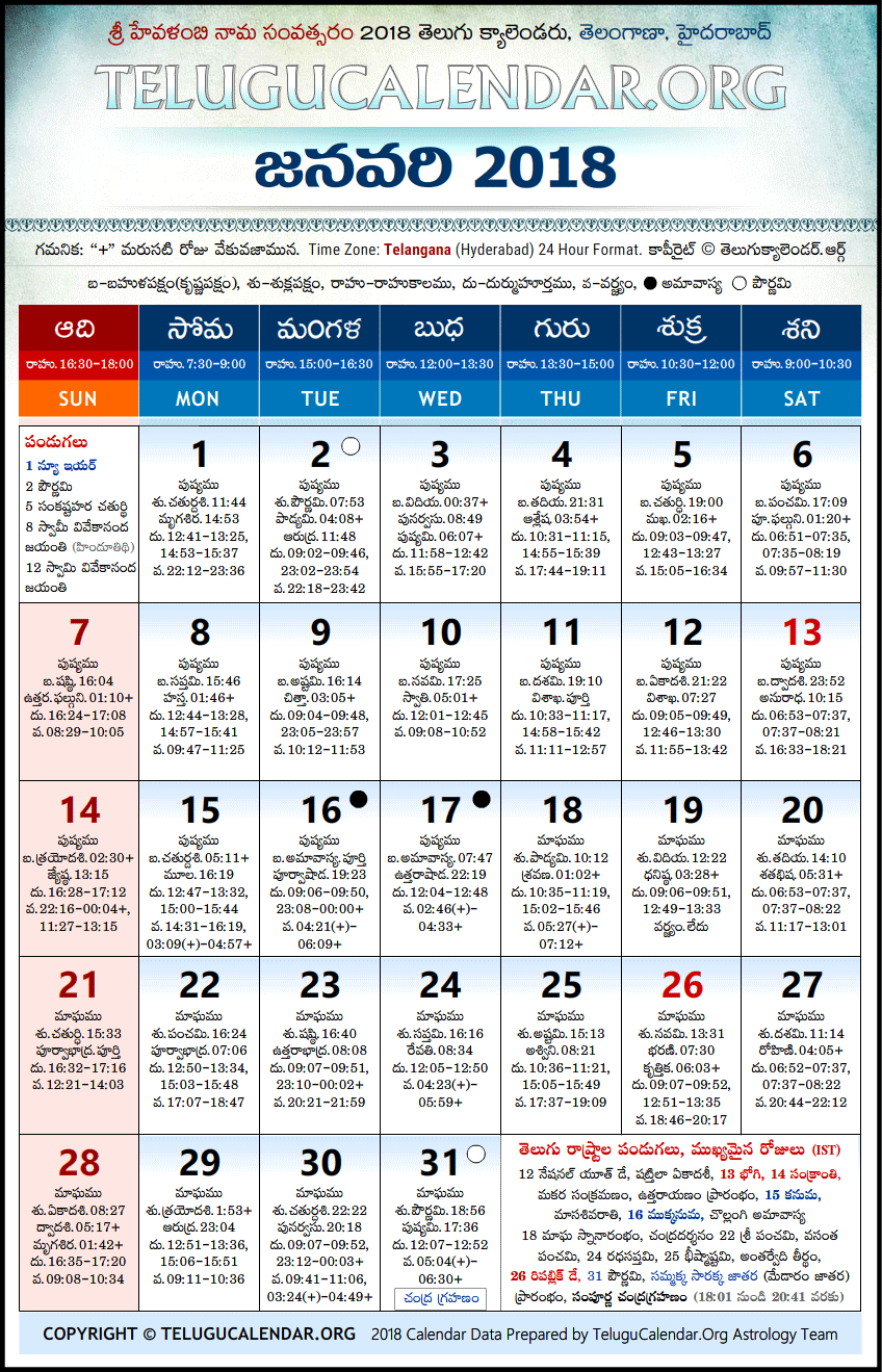 Telugu Calendar 2018 January, Telangana