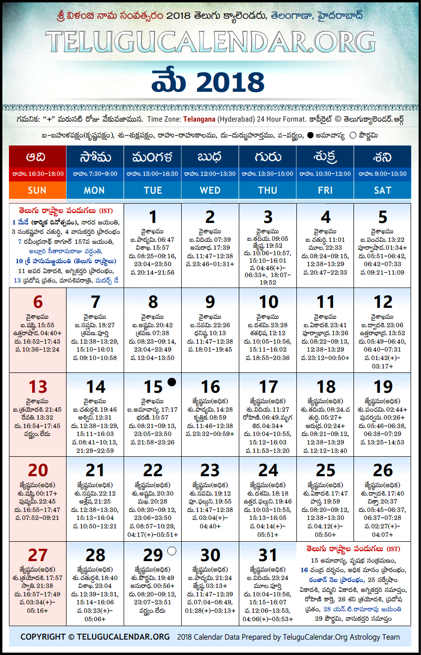 Telugu Calendar 2018 May, Telangana