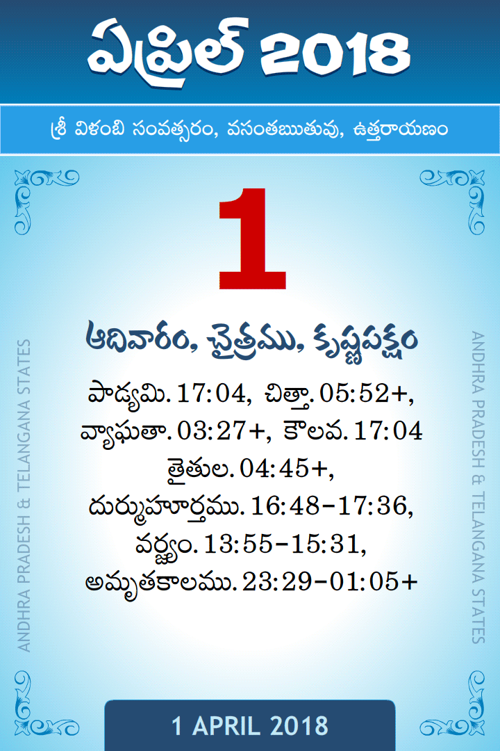 1 April 2018 Telugu Calendar
