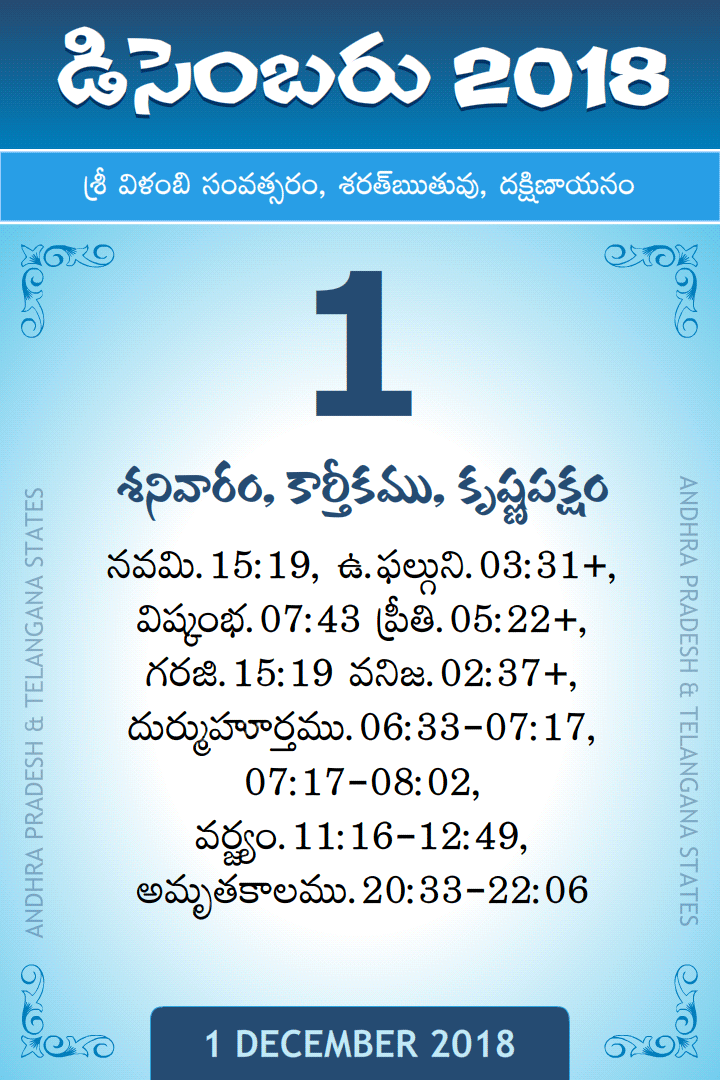 1 December 2018 Telugu Calendar