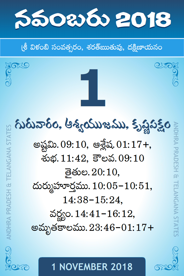 1 November 2018 Telugu Calendar Daily Sheet (1/11/2018) Printable PDF Download