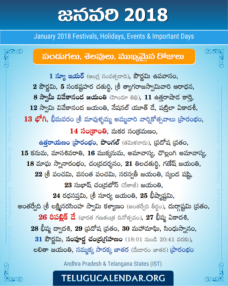 Telugu Festivals 2018 January