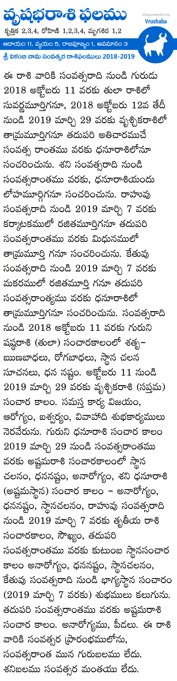 Vrushaba Rasi Phalalu 2018-2019 Telugu
