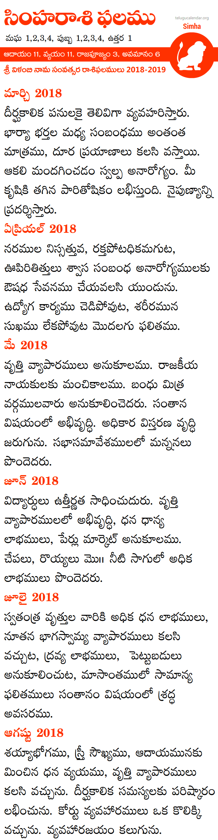 Simha Rasi Phalalu 2018-2019 Telugu