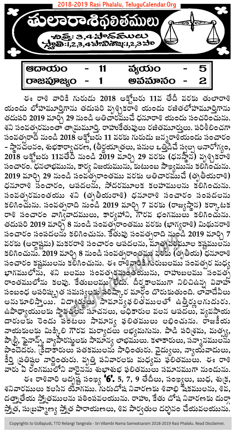 Telugu Tula (Libra) Rasi Phalalu 2018-2019