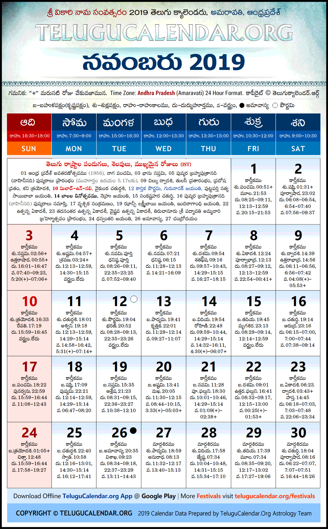 Andhra Pradesh Telugu Calendar 2019 November High Resolution Download