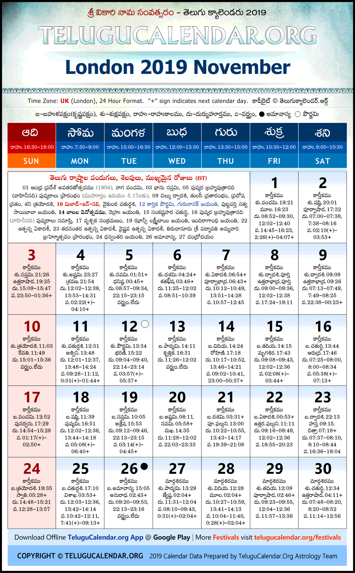 London Telugu Calendar 2019 November High Resolution Download