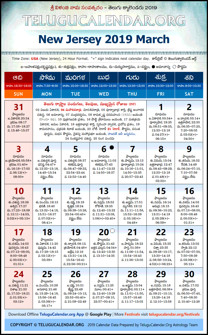 Telugu Calendar 2019 March, New Jersey