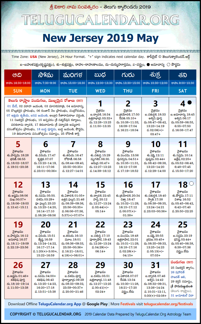 Telugu Calendar 2019 May, New Jersey