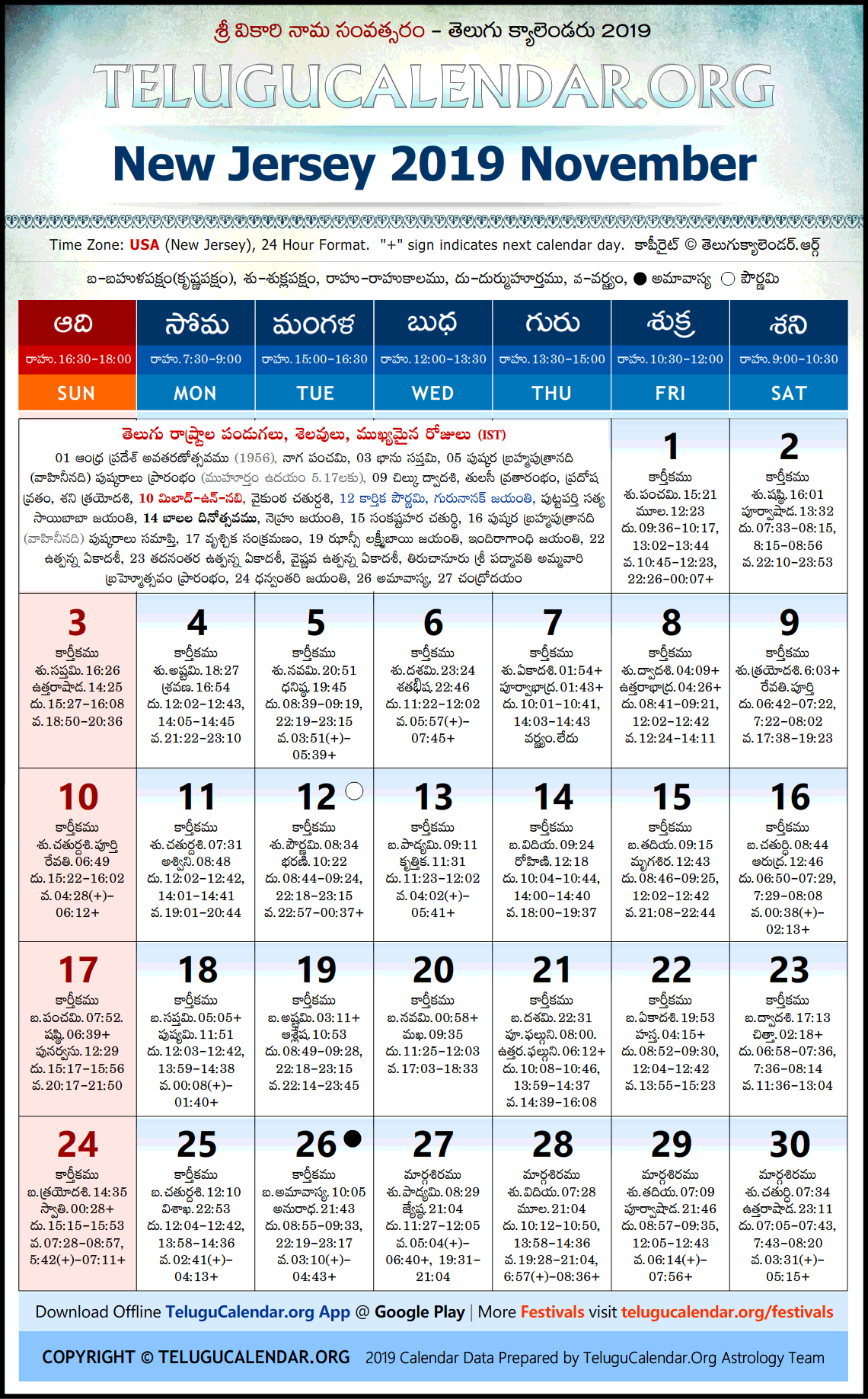 New Jersey Telugu Calendar 2019 November High Resolution Download