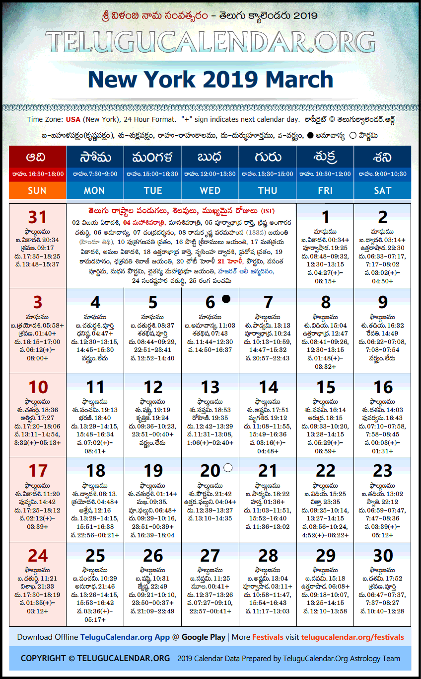 Telugu Calendar 2019 March, New York