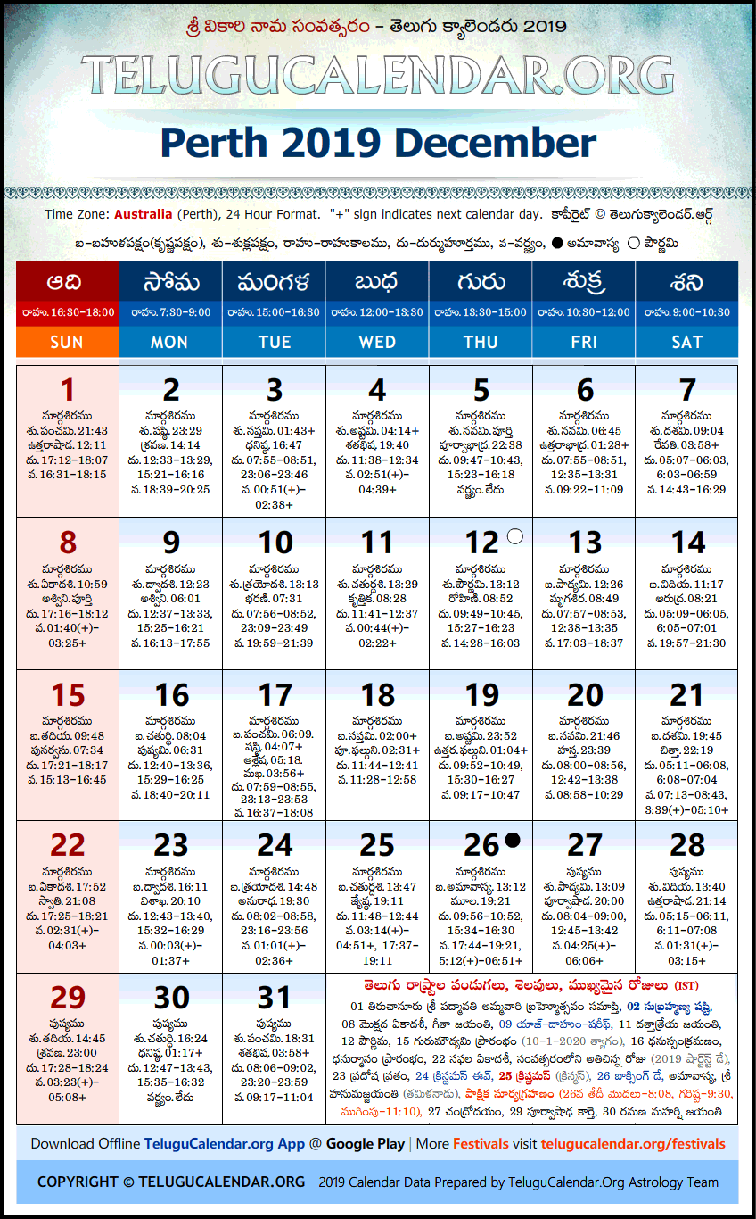 Telugu Calendar 2019 December, Perth