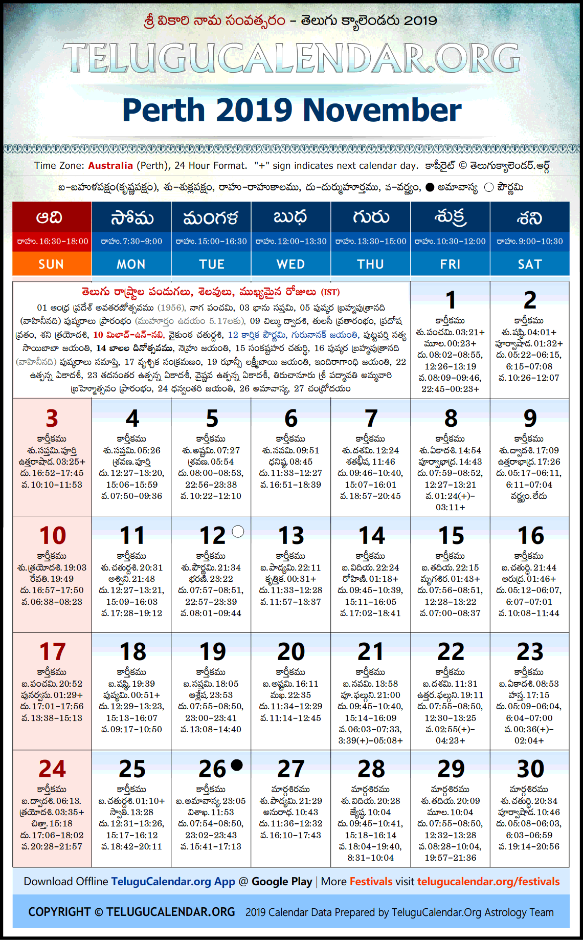 Perth Telugu Calendar 2019 November High Resolution Download