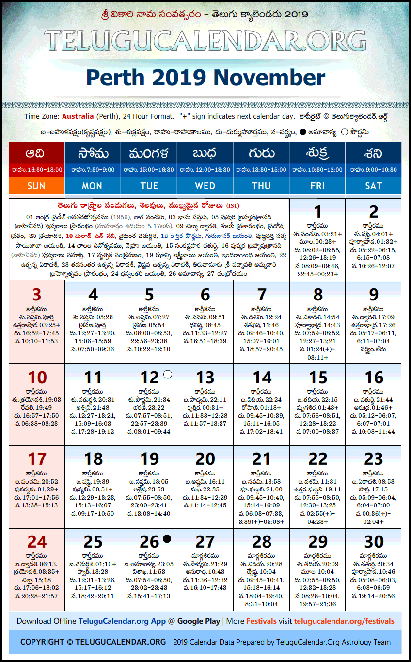 Telugu Calendar 2019 November, Perth