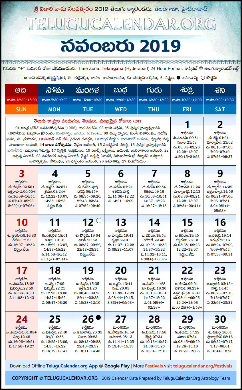 Telangana Telugu Calendars 2019 November Festivals Pdf