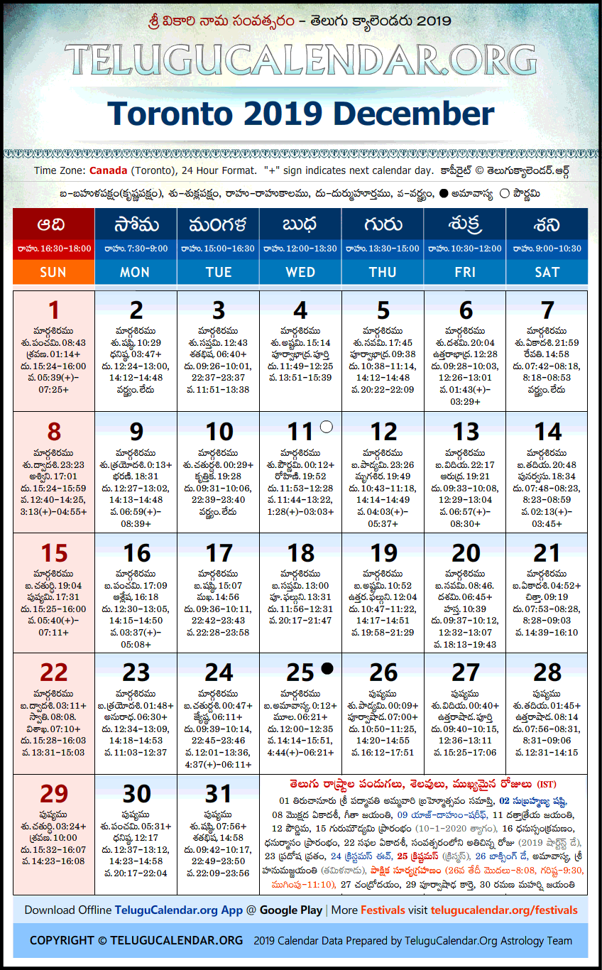 Telugu Calendar 2019 December, Toronto