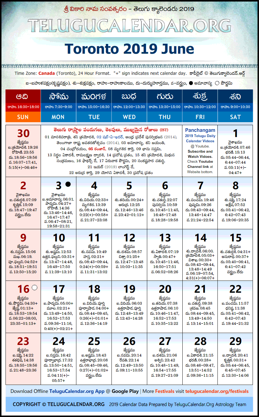 Telugu Calendar 2019 June, Toronto