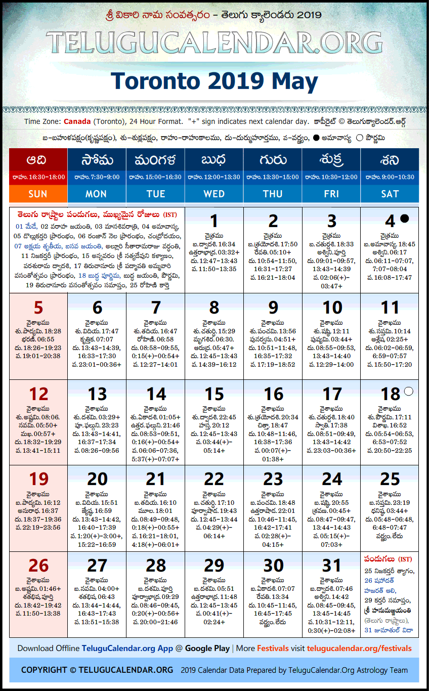 Telugu Calendar 2019 May, Toronto
