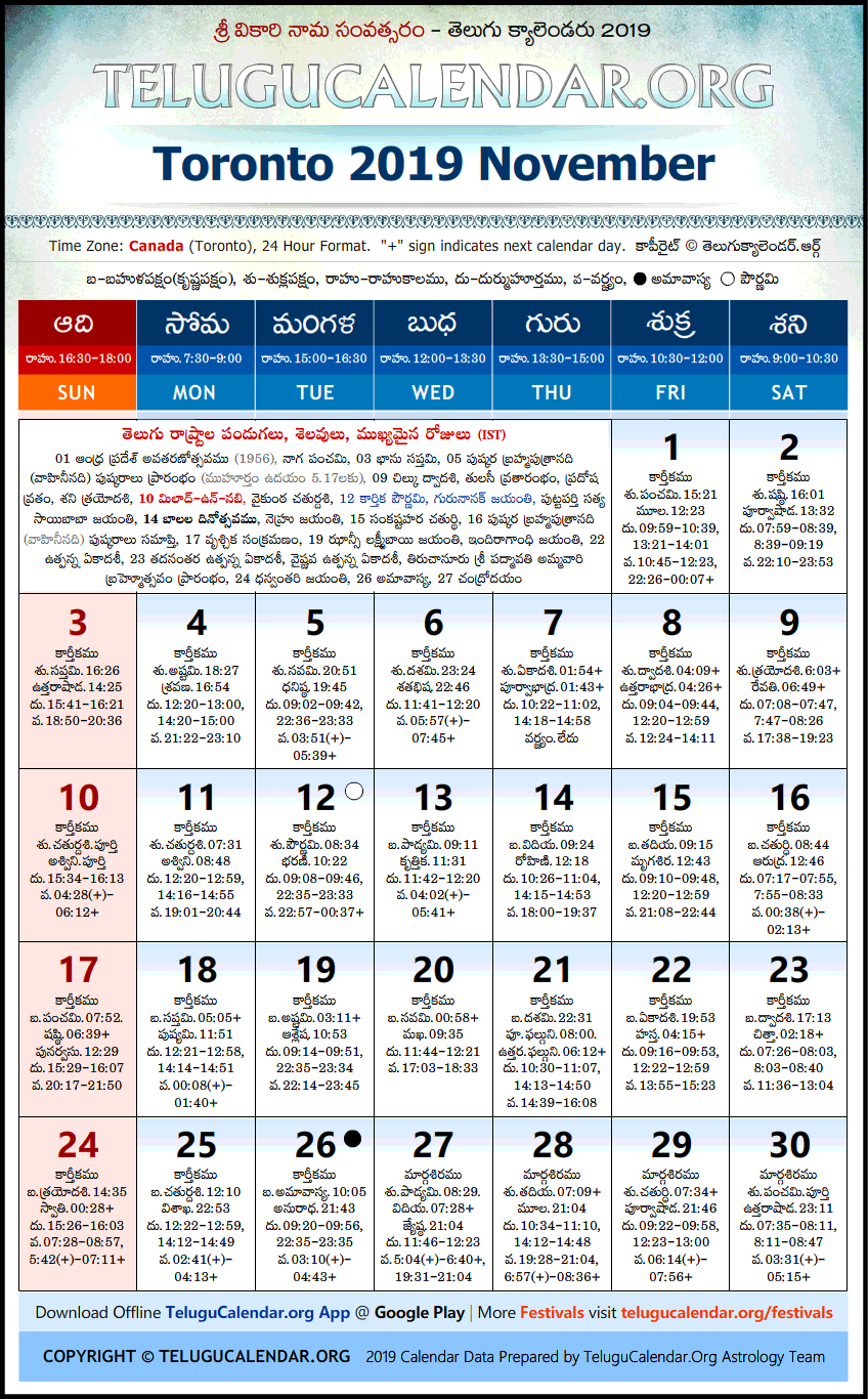 Telugu Calendar 2019 November, Toronto